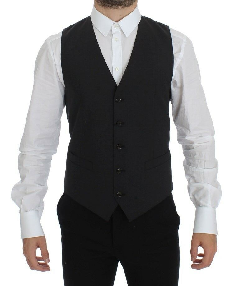 Gray wool stretch dress blazer vest by Dolce & Gabbana, tailored fit with lapel collar and front button closure.
