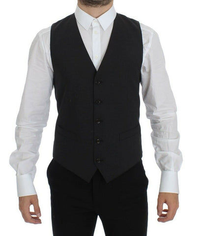 Gray wool stretch dress blazer vest by Dolce & Gabbana, tailored fit with lapel collar and front button closure.