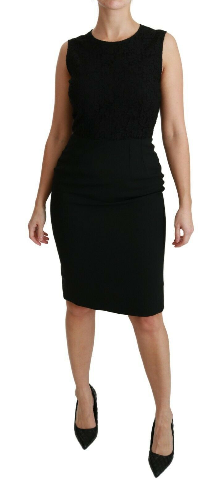 Black floral lace sheath gown dress by Dolce & Gabbana with intricate lace details and a fitted silhouette.