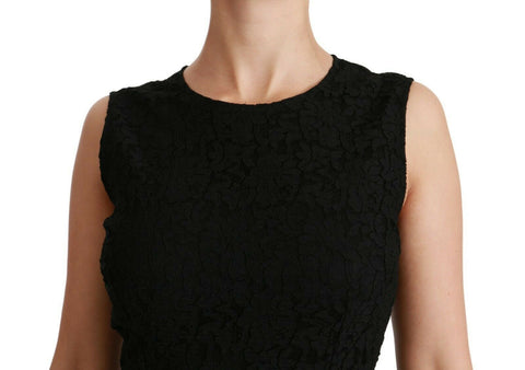 Black floral lace sheath gown dress by Dolce & Gabbana, featuring a fitted silhouette and intricate lace detailing.