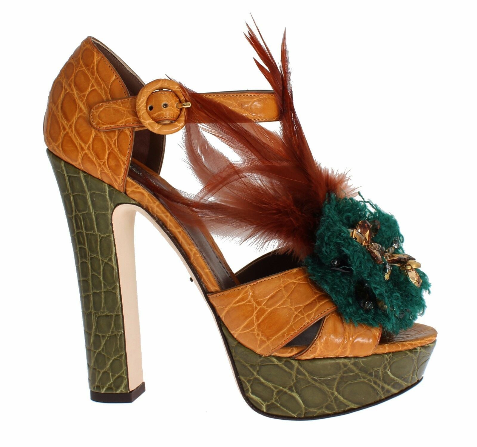 Orange leather platform sandal shoes with crystal embellishments by Dolce & Gabbana, featuring a stylish open-toe design.