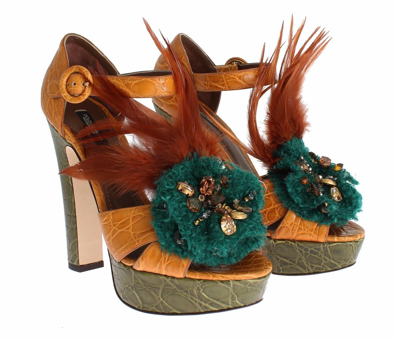 Orange leather platform sandal shoes with crystal embellishments from Dolce & Gabbana, featuring a strappy design and high heel.