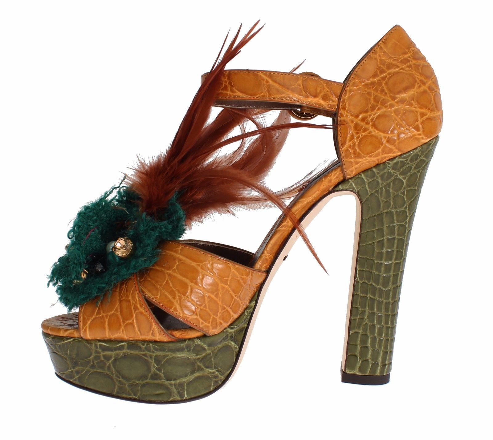 Orange leather platform sandal shoes with crystal accents from Dolce & Gabbana featuring strappy design and high heels.