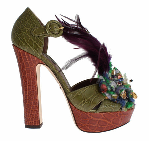 Green leather platform sandal shoes with crystal embellishments by Dolce & Gabbana, featuring a stylish open-toe design and chunky heel.