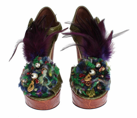 Green leather platform sandal shoes with crystal embellishments by Dolce & Gabbana, featuring a chunky heel and open toe design.