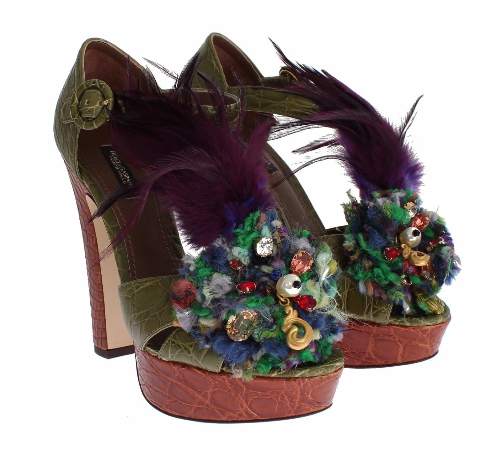 Green leather platform sandal shoes with crystal embellishments from Dolce & Gabbana, featuring a chunky heel and open toe design.