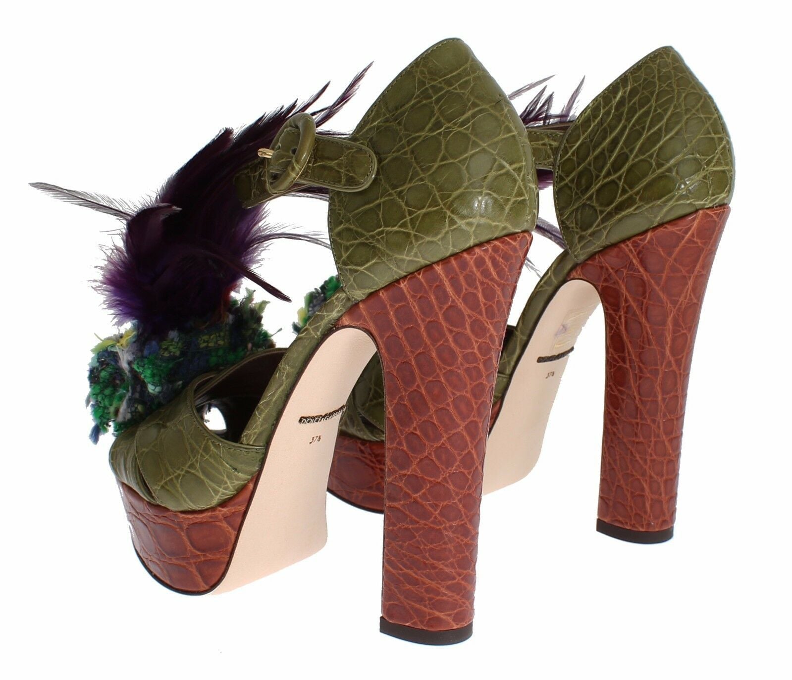 Green leather crystal platform sandal shoes by Dolce & Gabbana with ankle straps and embellished with sparkling crystals.