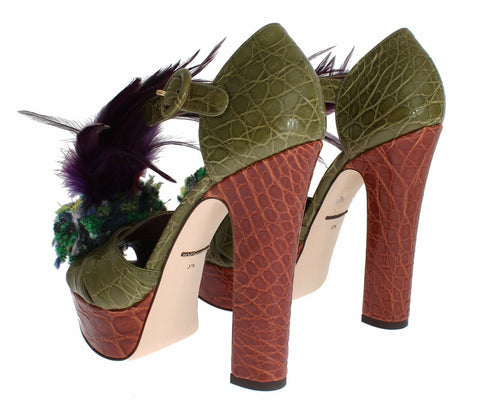 Green leather crystal platform sandal shoes by Dolce & Gabbana with ankle straps and embellished with sparkling crystals.