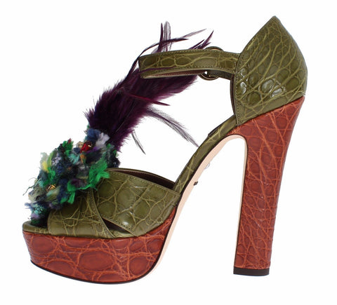 Green leather platform sandal shoes with crystal embellishments by Dolce & Gabbana, featuring a stylish open-toe design.