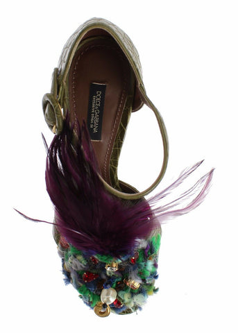 Green leather platform sandal shoes with crystal accents by Dolce & Gabbana, featuring a stylish open-toe design and bold heel.