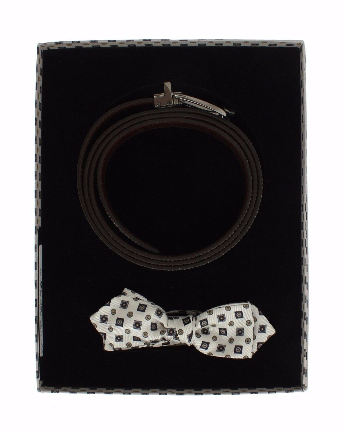 White silk bowtie, leather men's belt from Dolce & Gabbana, displayed in a gift box with detailed close-up of the accessories.