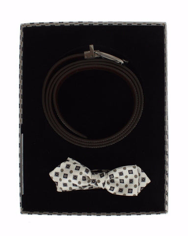 White silk bowtie, leather men's belt from Dolce & Gabbana, displayed in a gift box with detailed close-up of the accessories.