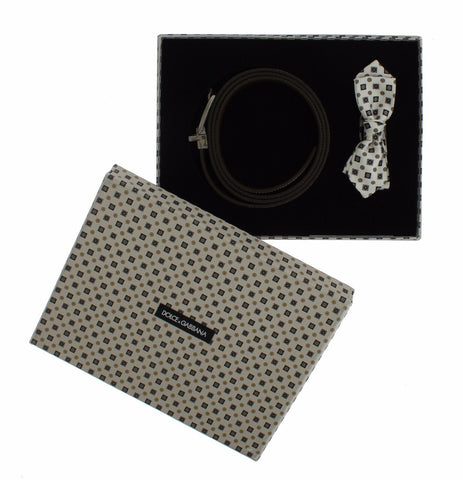 White silk bowtie and leather men's belt from Dolce & Gabbana in a gift box, showcasing elegant accessories.