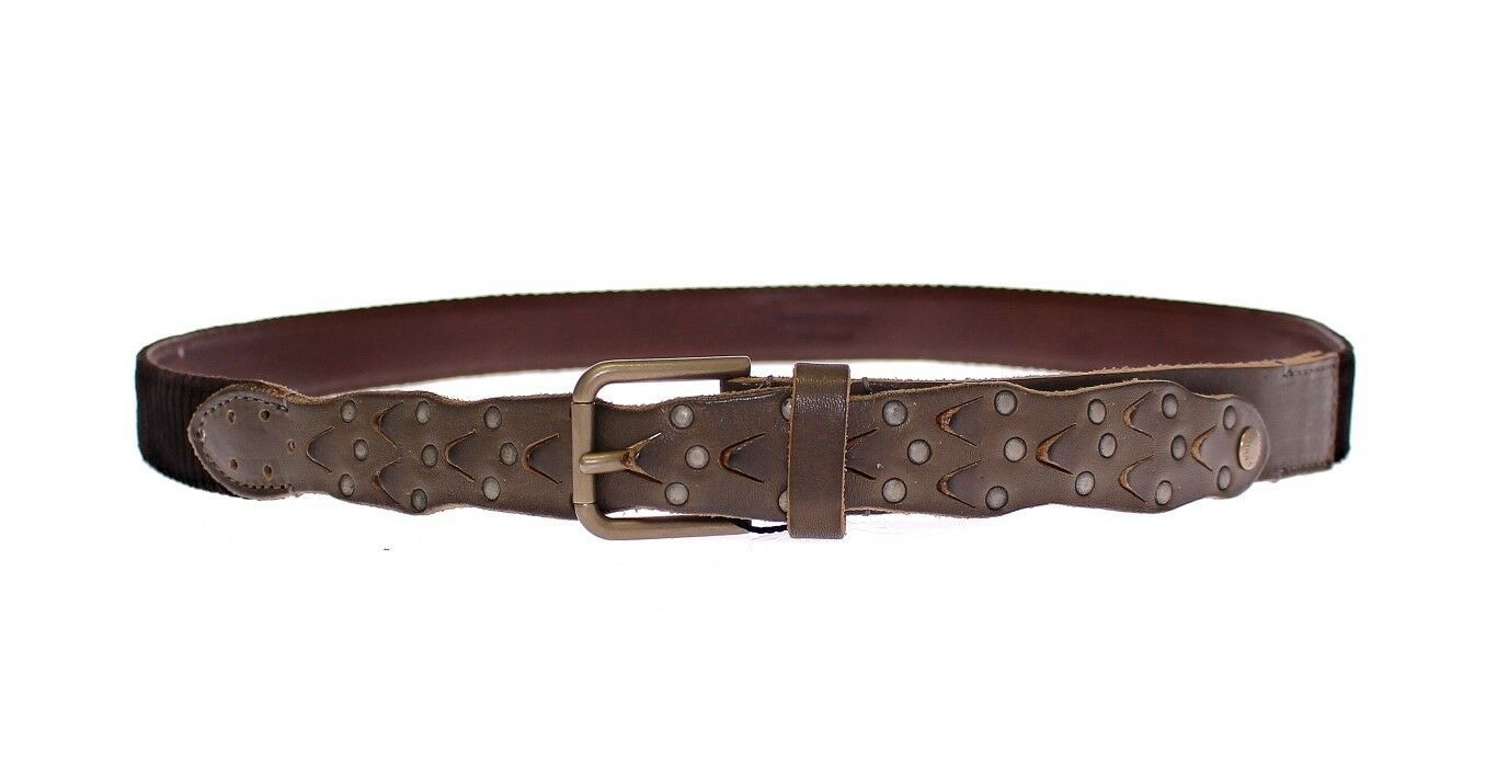 Brown leather Dolce & Gabbana logo belt with gold buckle, stylish men's accessory featuring the brand's signature design.