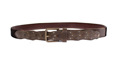Brown leather Dolce & Gabbana logo belt with gold buckle, stylish men's accessory featuring the brand's signature design.
