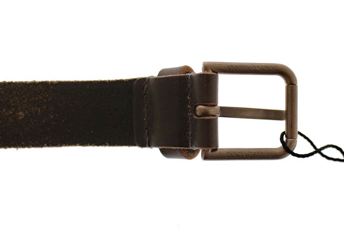 Brown leather Dolce & Gabbana logo belt with sleek design, featuring a prominent branded buckle and smooth finish.