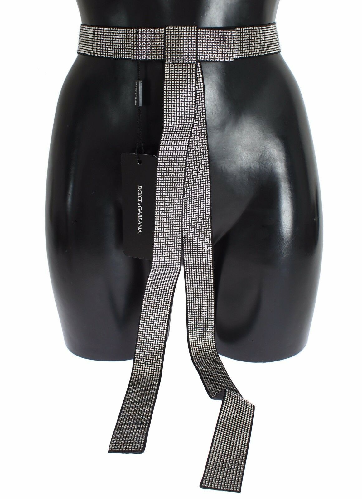 Black silk waist belt with clear crystal bow detail from Dolce & Gabbana, featuring a sleek and elegant design.