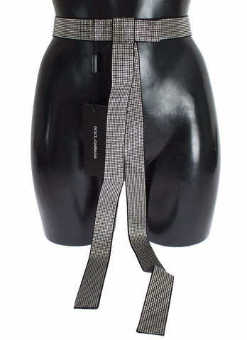 Black silk waist belt with clear crystal bow detail from Dolce & Gabbana, featuring a sleek and elegant design.