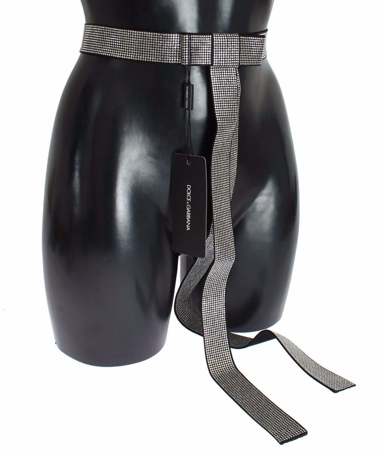 Black silk waist belt with clear crystal bow detail by Dolce & Gabbana, featuring a sleek and elegant design.