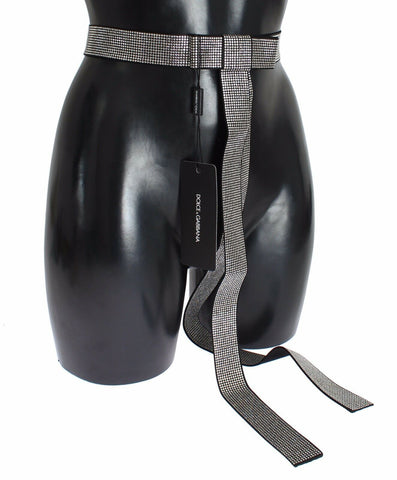 Black silk waist belt with clear crystal bow detail by Dolce & Gabbana, featuring a sleek and elegant design.