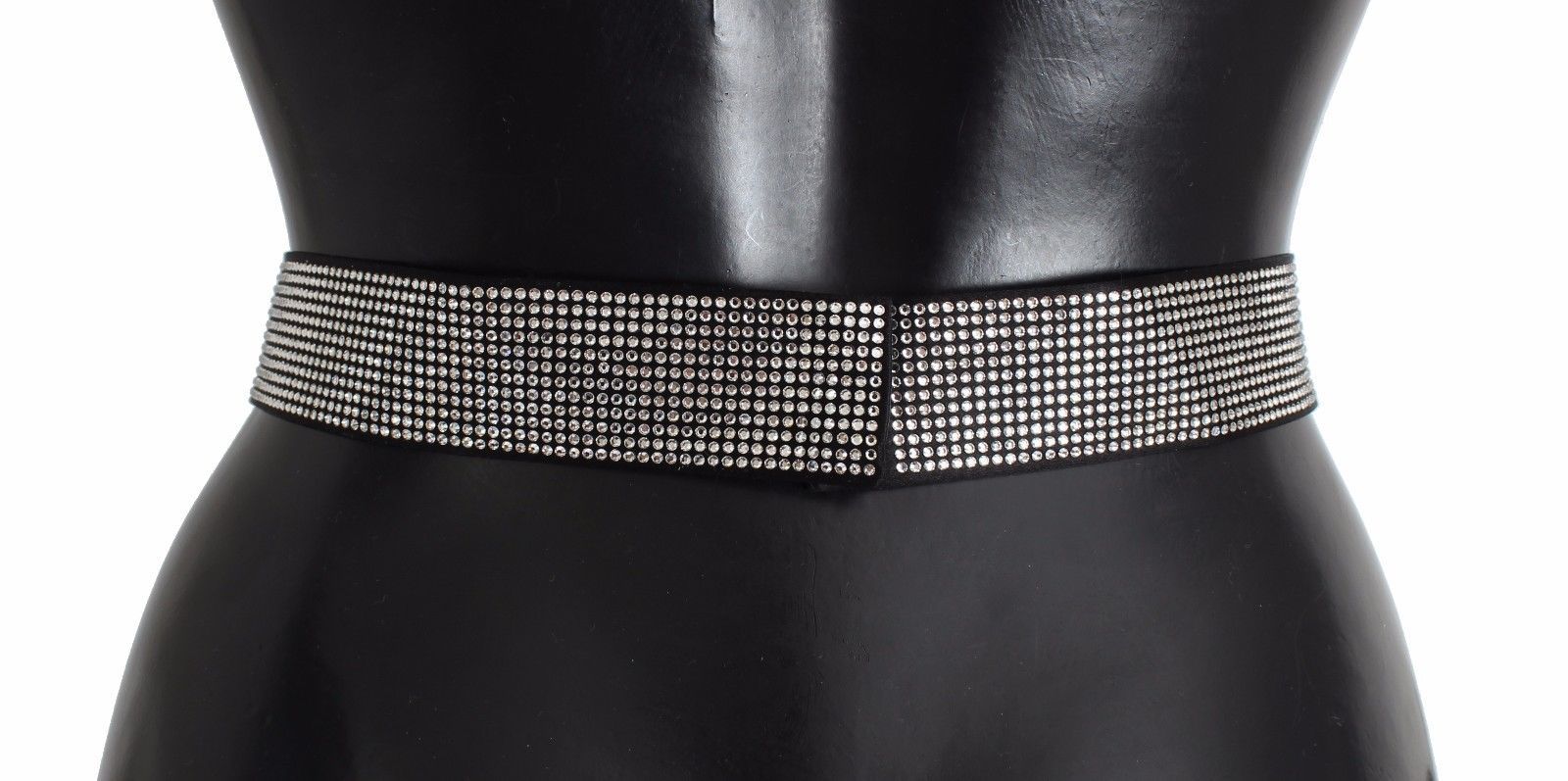 Black silk waist belt with clear crystal bow detail by Dolce & Gabbana, featuring a sleek and elegant design.