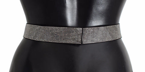 Black silk waist belt with clear crystal bow detail by Dolce & Gabbana, featuring a sleek and elegant design.