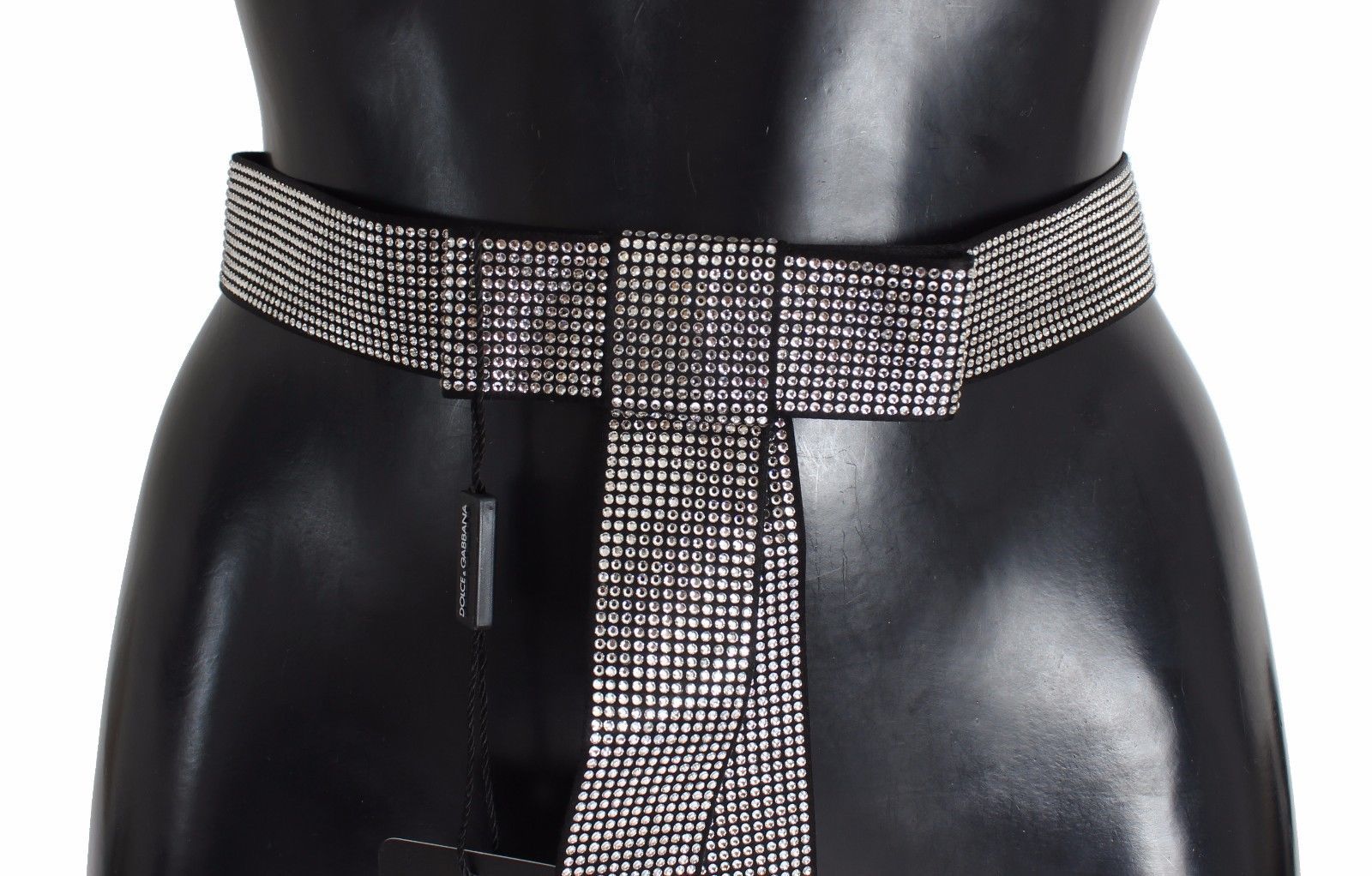 Black silk waist belt with clear crystal bow detail from Dolce & Gabbana, featuring a sleek design and elegant finishing.