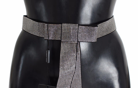 Black silk waist belt with clear crystal bow detail from Dolce & Gabbana, featuring a sleek design and elegant finishing.