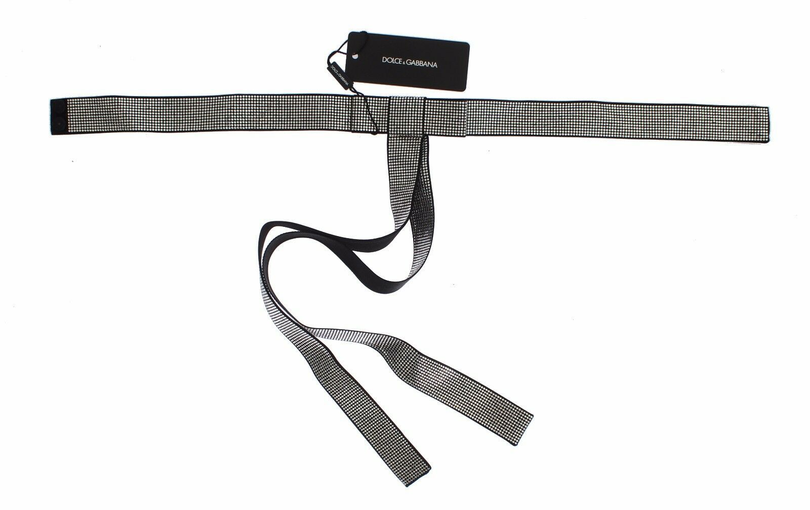Black silk waist belt with clear crystal bow detail by Dolce & Gabbana, featuring a sleek and elegant design.