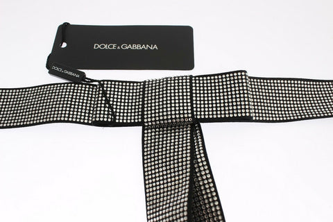 Black silk waist belt with clear crystal bow detail by Dolce & Gabbana, featuring a sleek, elegant design.
