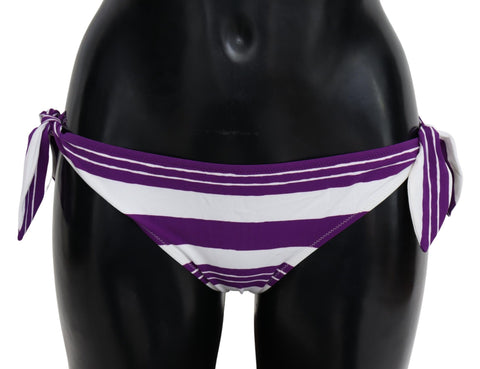 Purple and white striped Dolce & Gabbana beachwear bikini bottom with a fitted design and side ties for a stylish summer look.