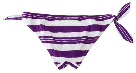 Purple and white striped Dolce & Gabbana beachwear bikini bottom with a fitted, stylish design on a plain background.