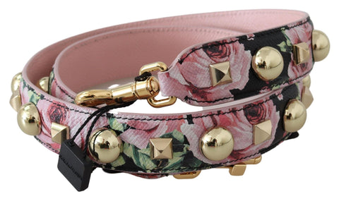 Pink floral gold studs Dolce & Gabbana bag accessory shoulder strap with floral pattern and gold stud details.