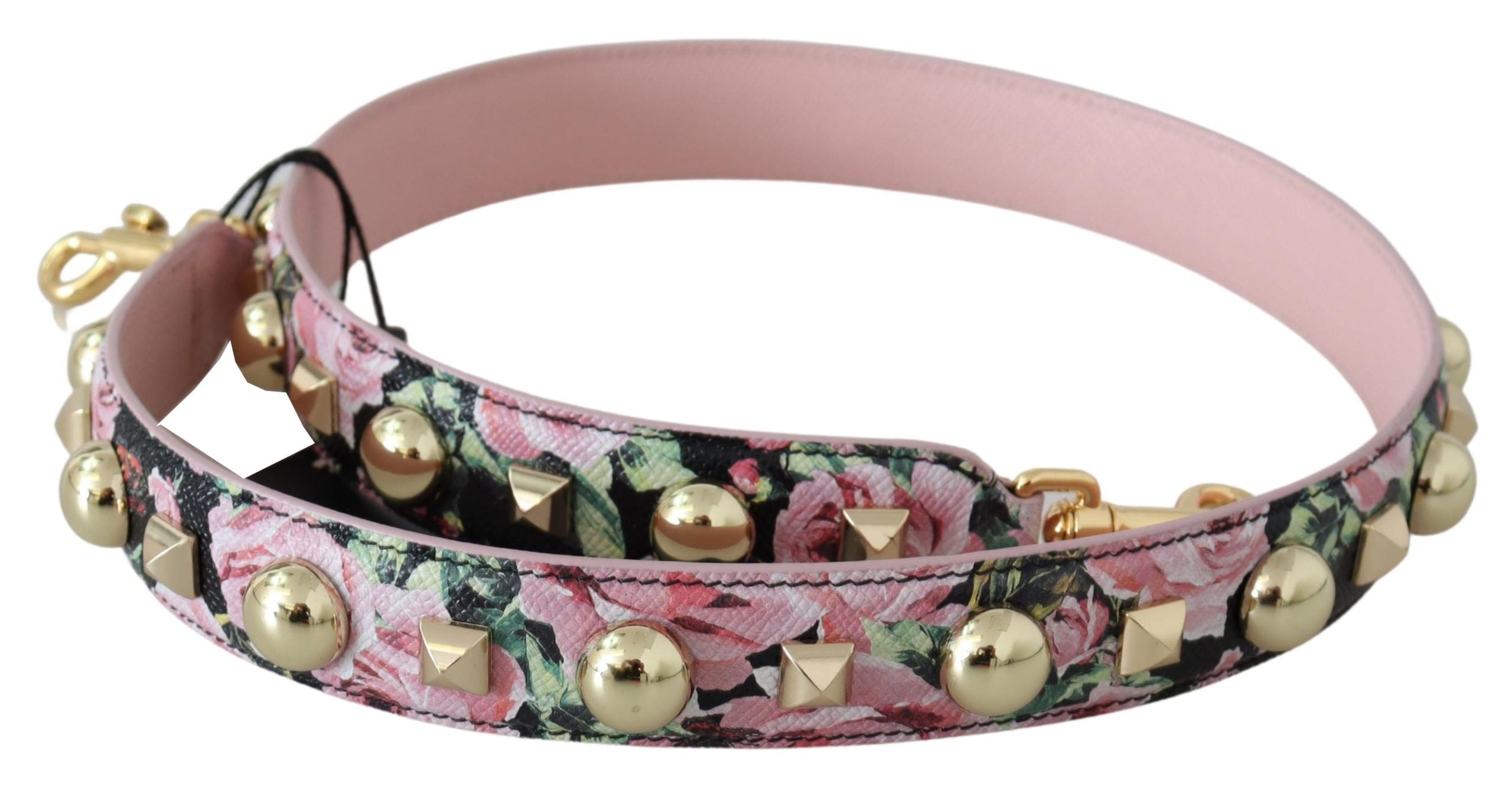 Pink floral gold studs bag accessory shoulder strap by Dolce & Gabbana, featuring floral design and gold stud accents.