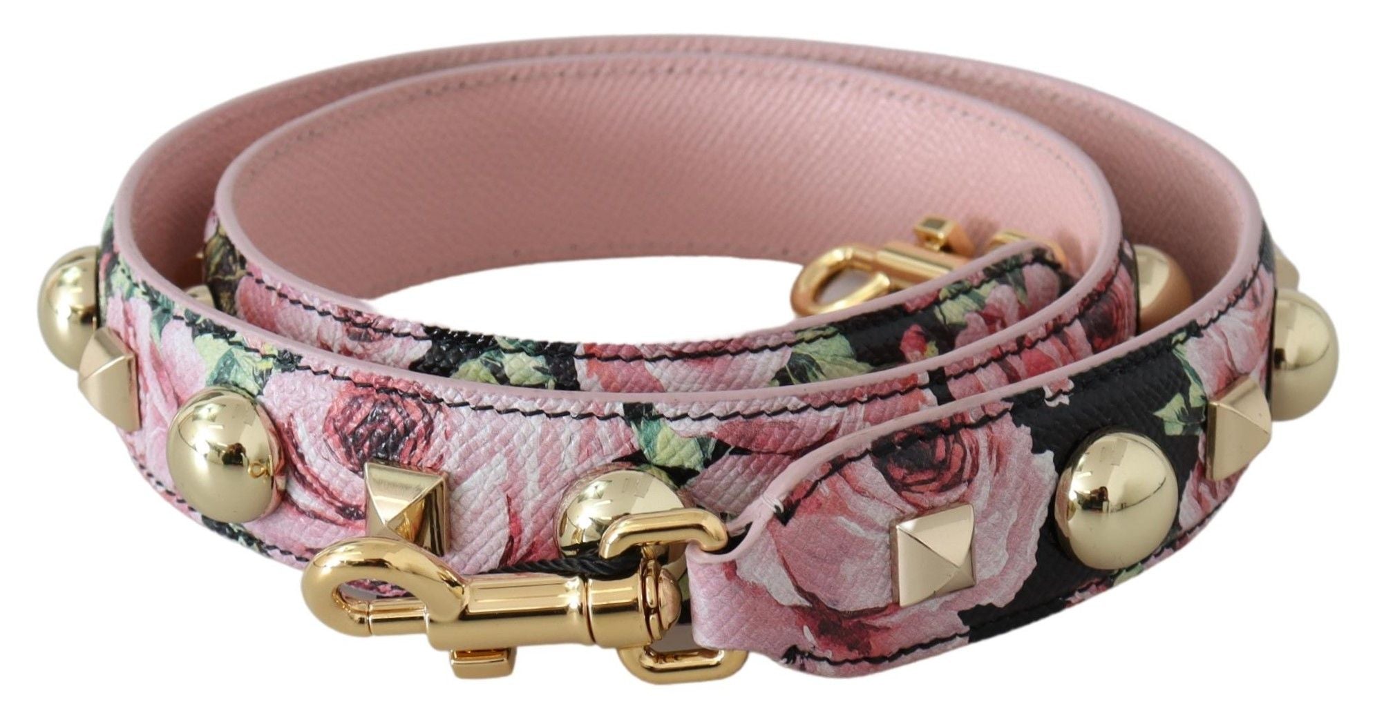 Pink floral leather shoulder strap with gold studs for bags, designed by Dolce & Gabbana, featuring vibrant floral pattern.