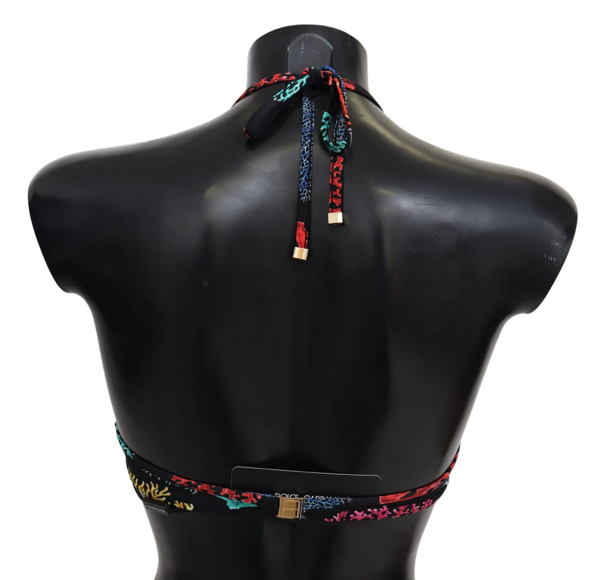 Black coral print women’s bikini top by Dolce & Gabbana with adjustable straps and tropical pattern for beachwear.