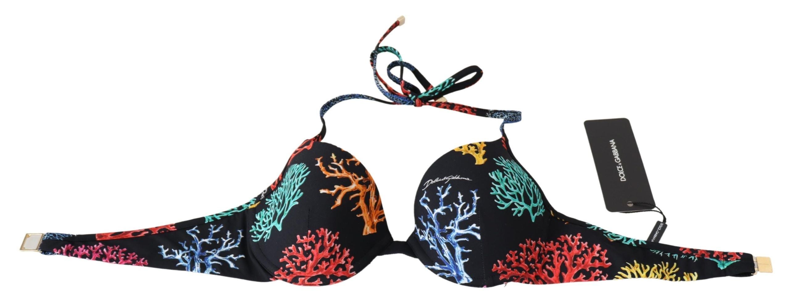 Black coral print women’s bikini top by Dolce & Gabbana, featuring a stylish and vibrant beachwear design.