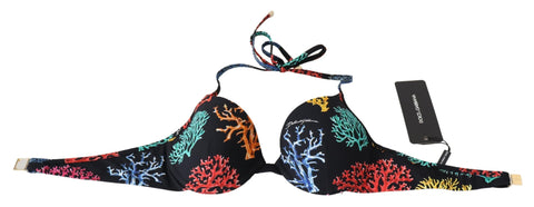 Black coral print women’s bikini top by Dolce & Gabbana, featuring a stylish and vibrant beachwear design.