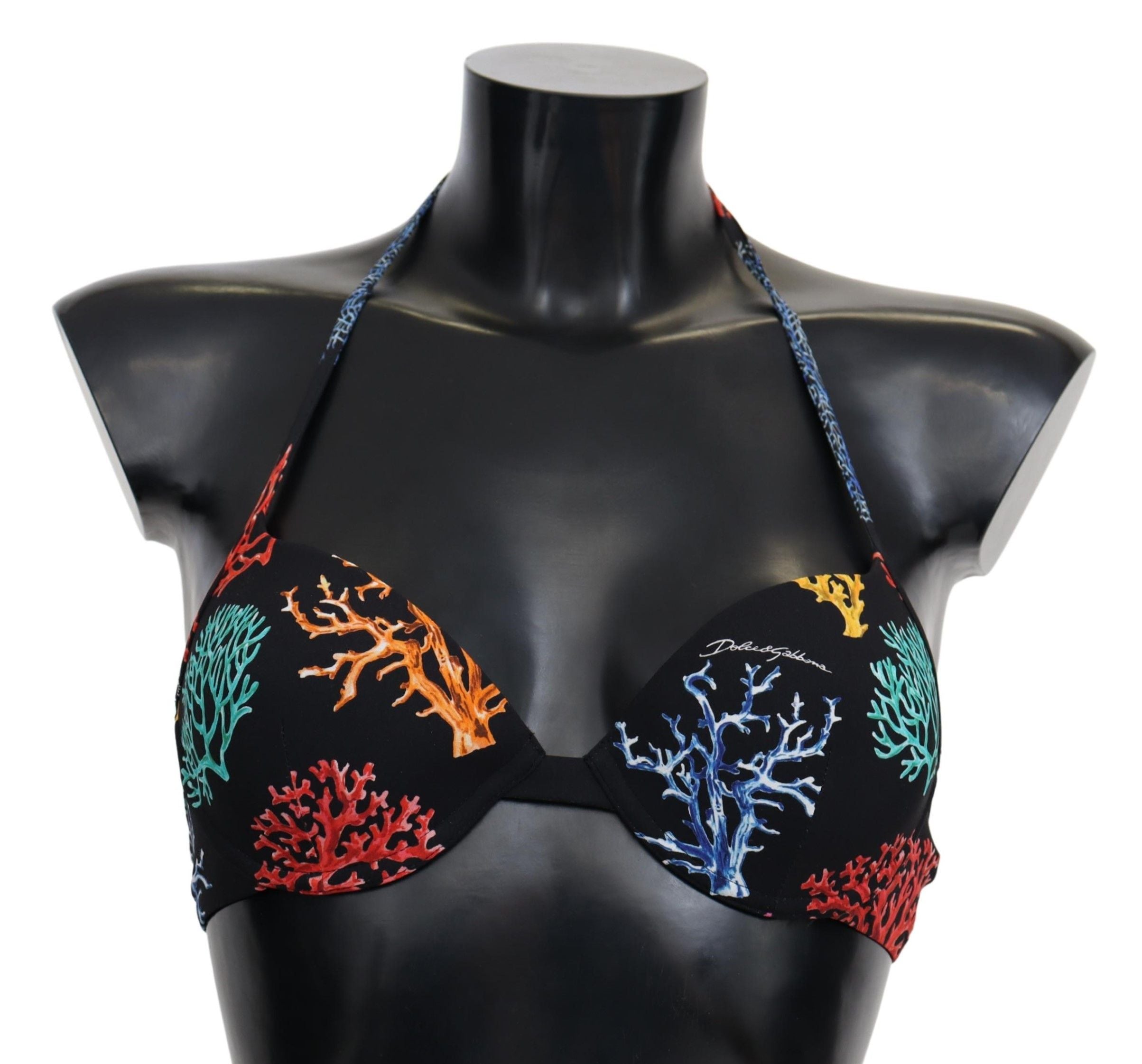 Black coral print women’s bikini top by Dolce & Gabbana, stylish beachwear with vibrant coral pattern and supportive design.