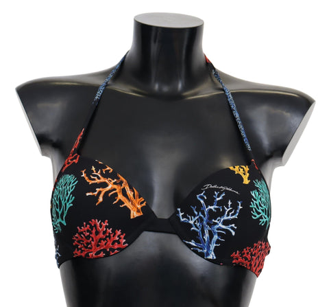 Black coral print women’s bikini top by Dolce & Gabbana, stylish beachwear with vibrant coral pattern and supportive design.