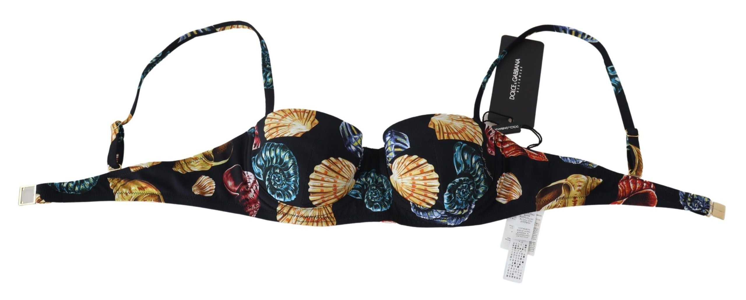 Black seashells print women’s bikini top by Dolce & Gabbana, featuring a stylish swimwear design with seashell patterns.