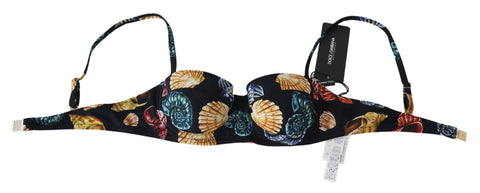 Black seashells print women’s bikini top by Dolce & Gabbana, featuring a stylish swimwear design with seashell patterns.
