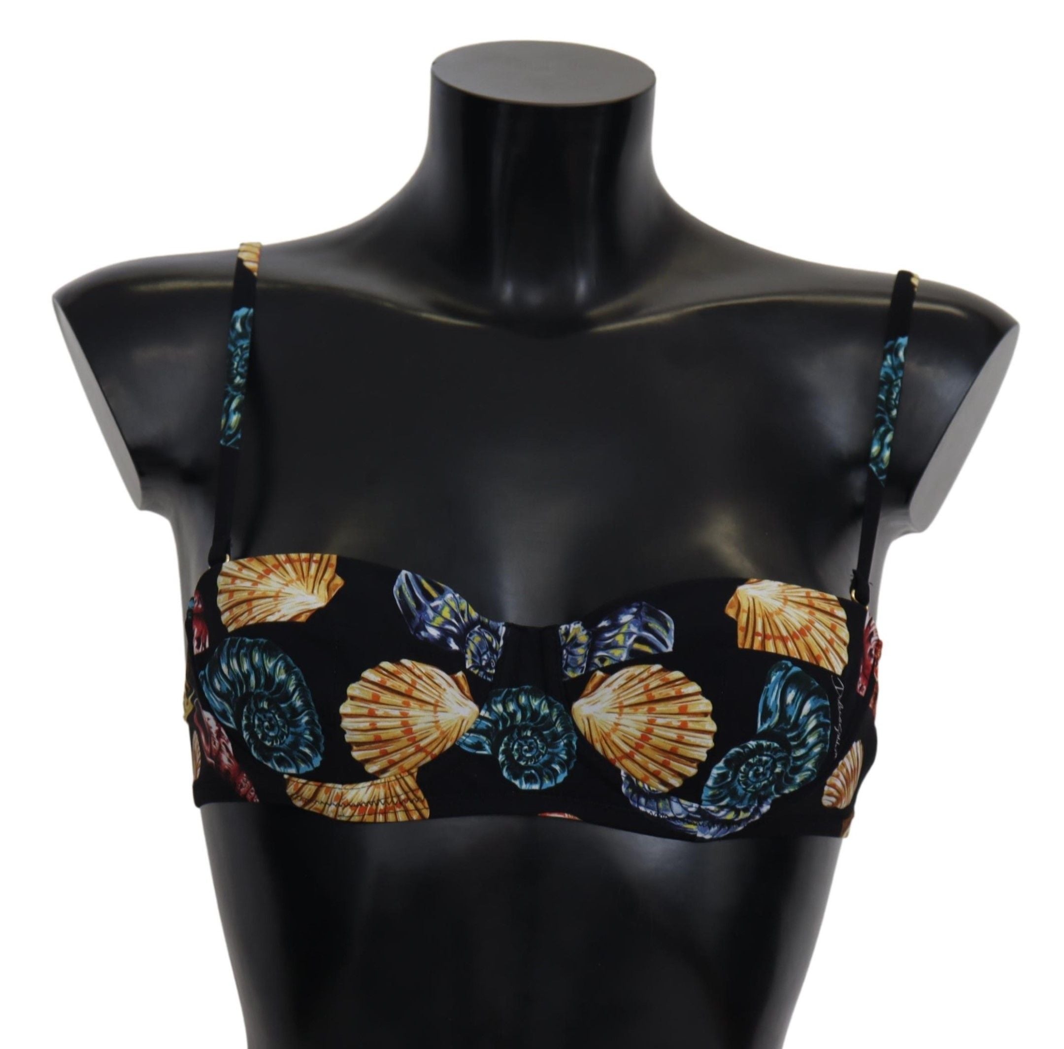 Black seashells print women’s bikini top by Dolce & Gabbana, featuring a stylish swimwear top with seashell pattern.