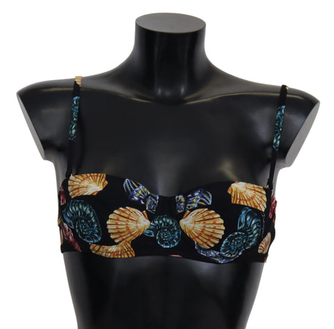 Black seashells print women’s bikini top by Dolce & Gabbana, featuring a stylish swimwear top with seashell pattern.