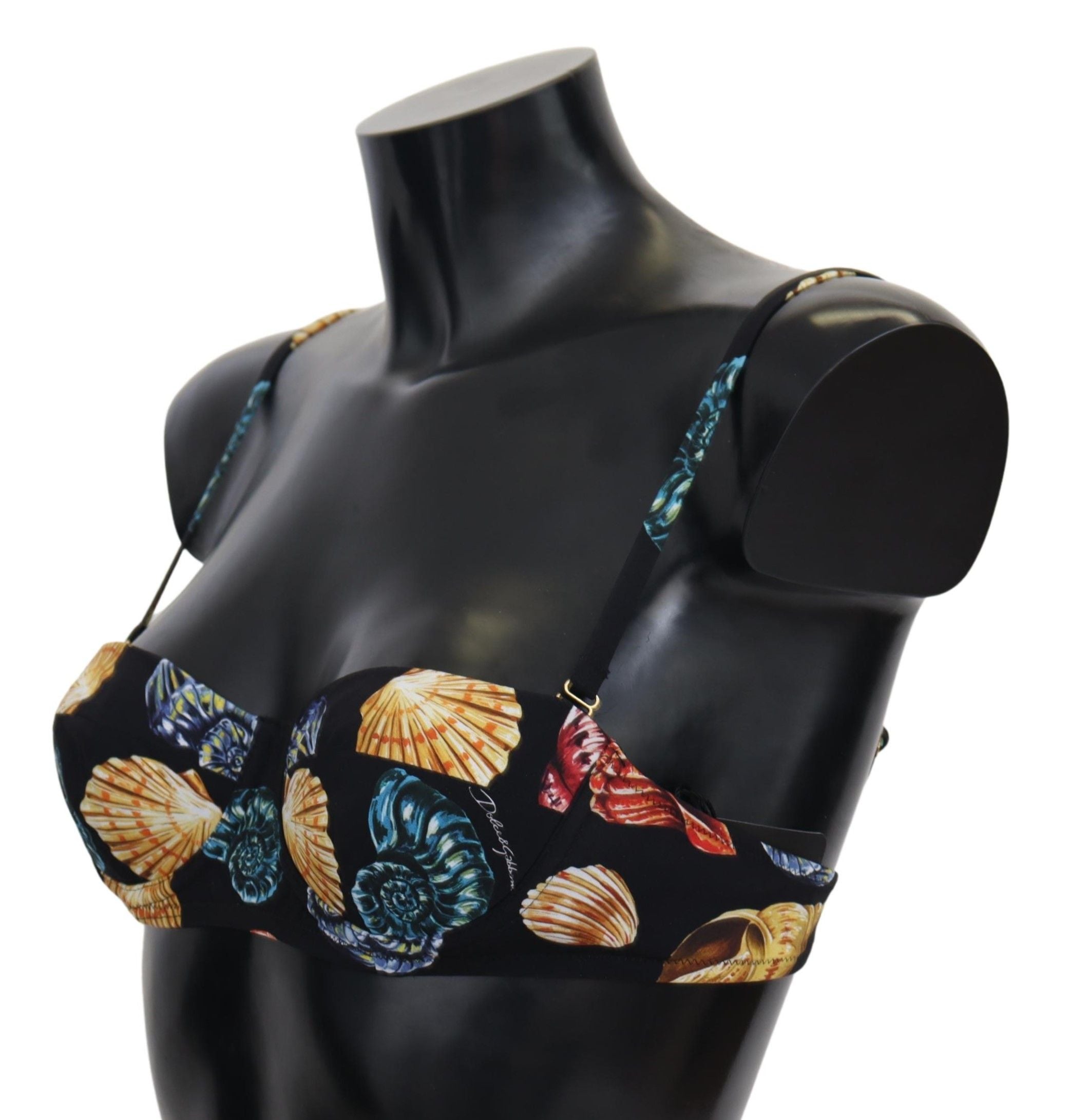 Black seashells print women’s bikini top by Dolce & Gabbana, featuring a stylish swimwear design with seashell patterns.