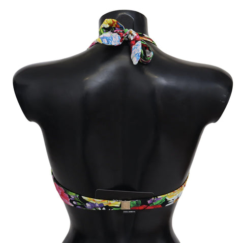 Multicolor floral print Dolce & Gabbana bikini top with adjustable straps and vibrant design for stylish swimwear.