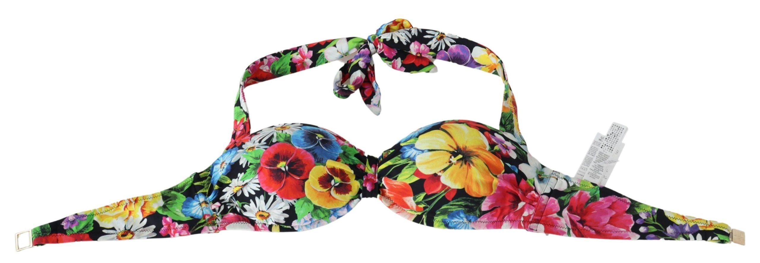 Multicolor floral print swimwear bikini top by Dolce & Gabbana with vibrant floral patterns and adjustable straps.