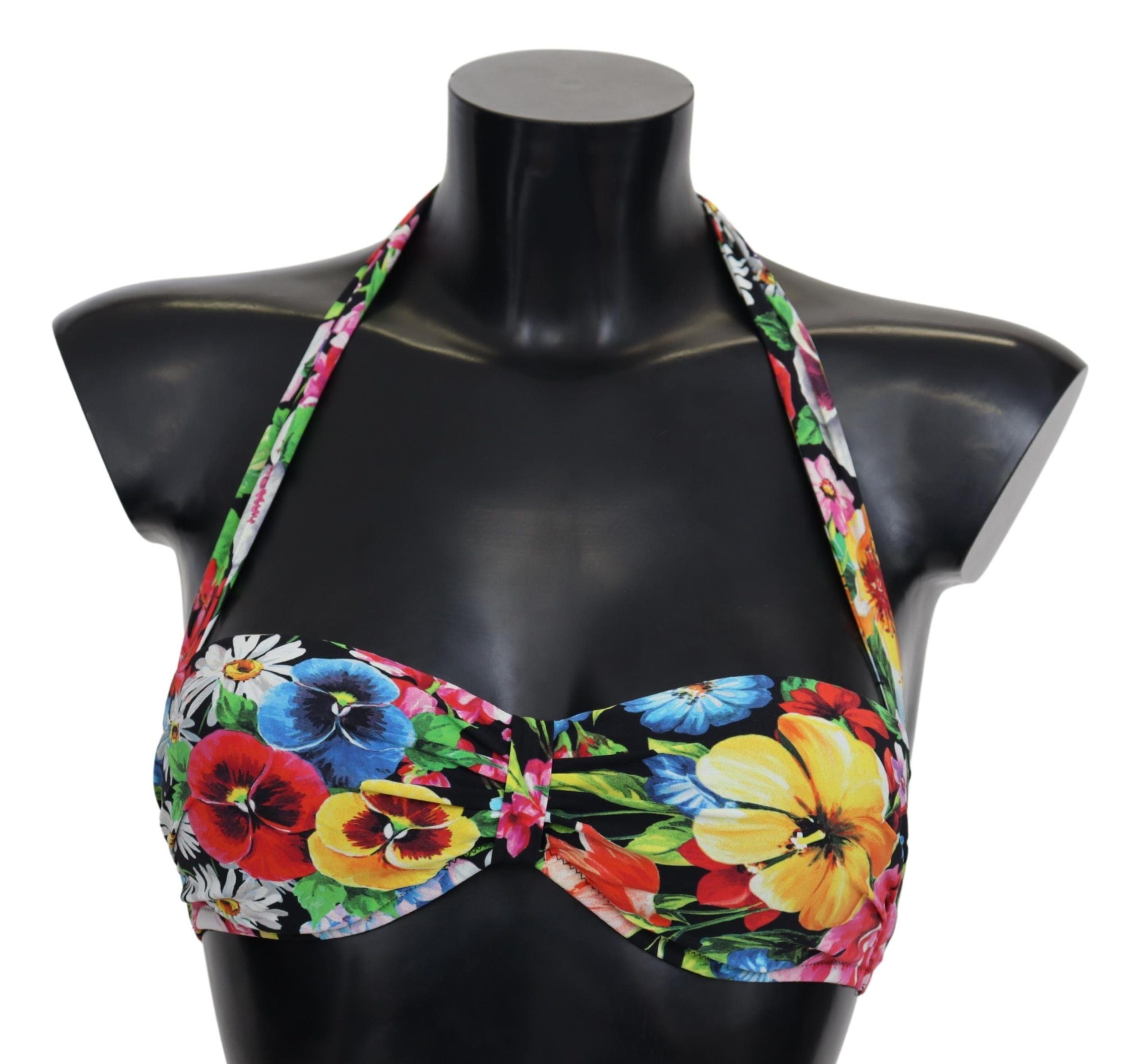 Multicolor floral print Dolce & Gabbana bikini top, stylish swimwear with vibrant flower design and adjustable straps.