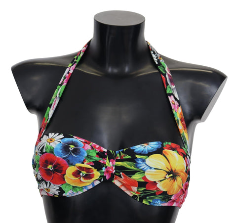 Multicolor floral print Dolce & Gabbana bikini top, stylish swimwear with vibrant flower design and adjustable straps.
