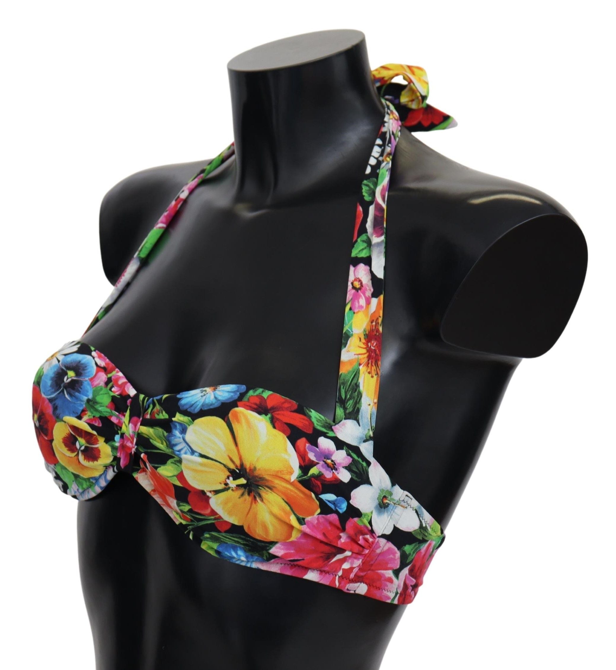 Multicolor floral print Dolce & Gabbana swimwear bikini top with adjustable straps and vibrant design.